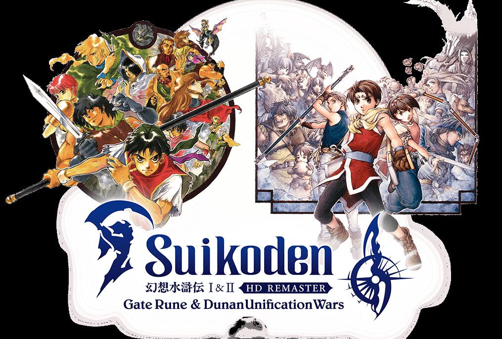 Suikoden I&II HD Remaster key art — the 108 Stars gathered around both heroes