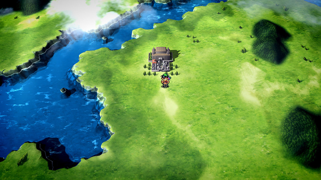 Suikoden I — the hero crosses the overworld toward a riverside castle, background illustration remastered in HD