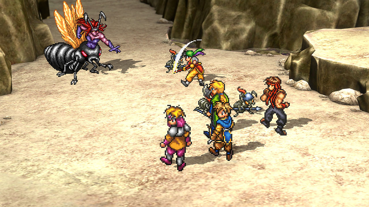 Suikoden I — a six-character party faces a monster in turn-based battle