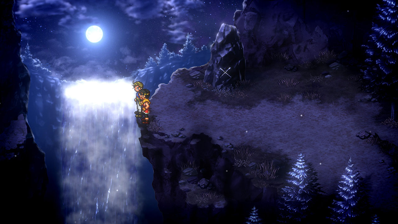 Suikoden II — two youths stand on a moonlit cliff above a roaring waterfall