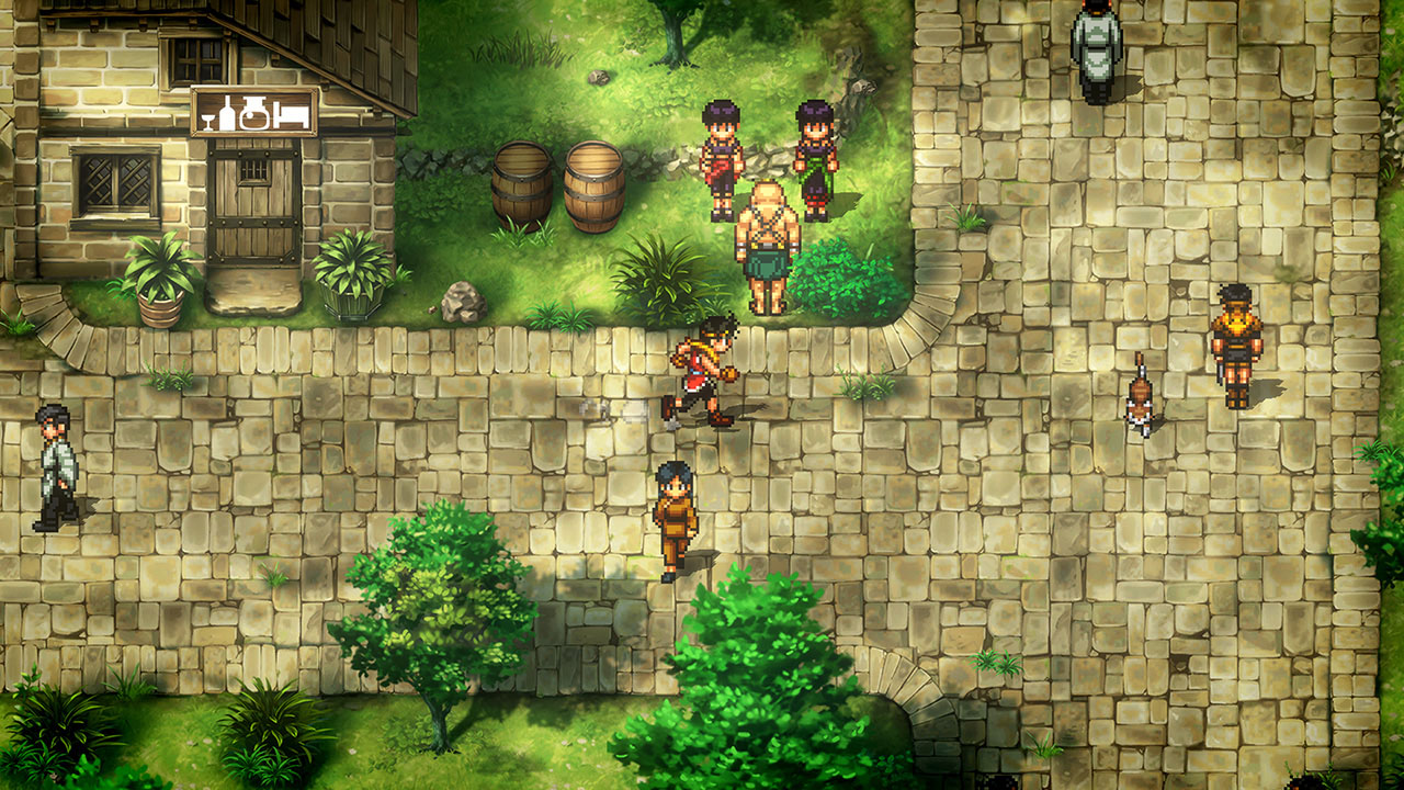 Suikoden II — the hero runs through a sunlit stone-paved town of the City-States