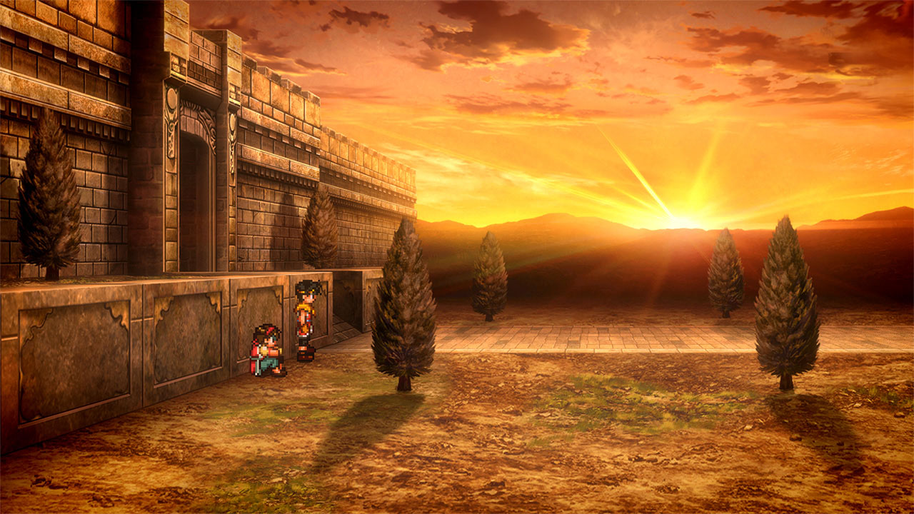 Suikoden II — companions rest beside a fortress wall as the sun sets over the borderlands